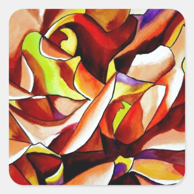 Rainbow Sunset Rosen Aquarell Originale Kunst Quadratischer Aufkleber (Vorderseite)