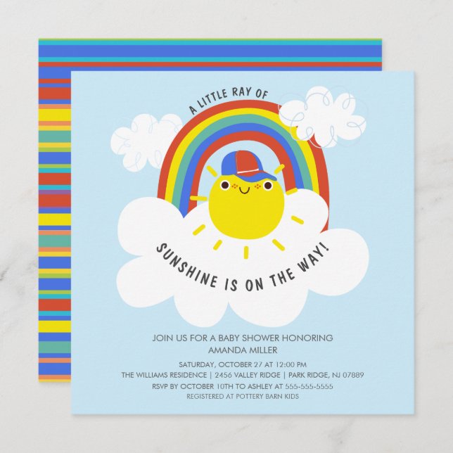 Rainbow Sunshine Boys Baby shower Invitation (Devant / Derrière)