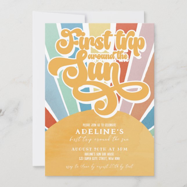 Rainbow Sunshine First Birthday Boho Girl Einladung (Vorderseite)