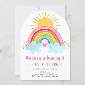 Rainbow Sunshine Pink Gold Geburtstag Einladung