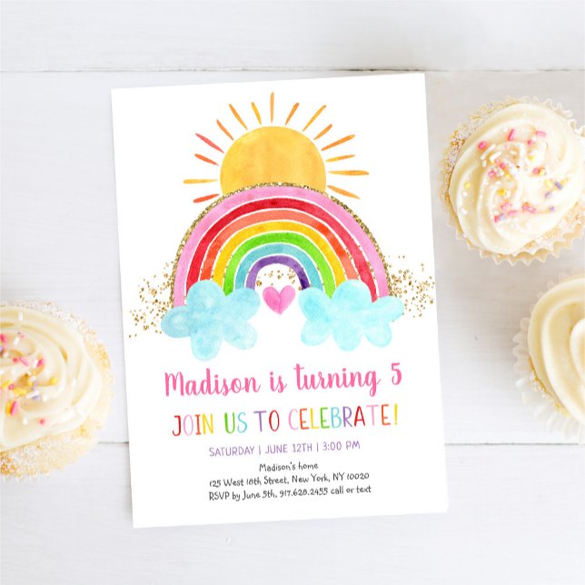 Rainbow Sunshine Pink Gold Geburtstag Einladung (Von Creator hochgeladen)
