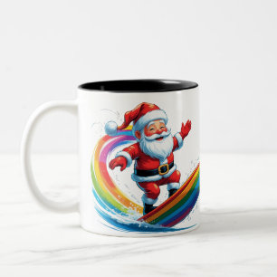 Rainbow Surfing Santa Two-Tone Tasse - Festliche K