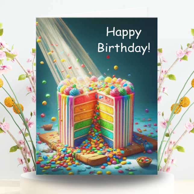 Rainbow Surprise Birthday Cake Karte (Vibrant hues cascade on this birthday card, a sweet surprise awaits inside.)