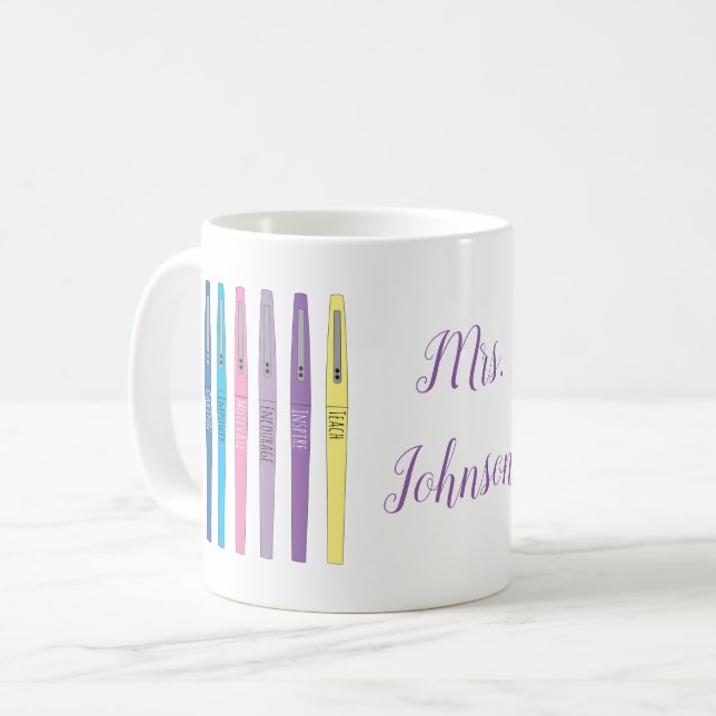 Rainbow Teacher Pens Inspiration Tasse mit Namen (Vorderseite Links)