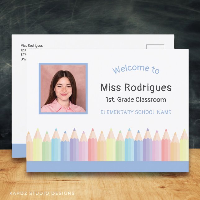 Rainbow Teacher Willkommen auf der Postkarte der S (Add your photo, edit grade, name, and school. Info and message on the back.)