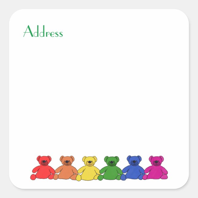 Rainbow Teddies Address Quadratischer Aufkleber (Vorderseite)