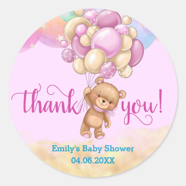 Rainbow Teddy Bear Balloons Danke Baby Shower Runder Aufkleber (Vorderseite)