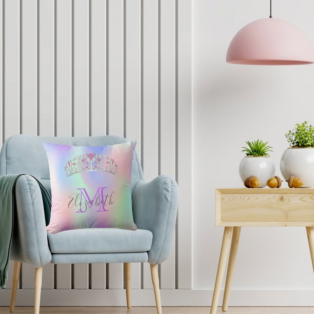 Rainbow-Tiara-Kronen-Rosa-Monogramm-Holografie Kissen (Von Creator hochgeladen)