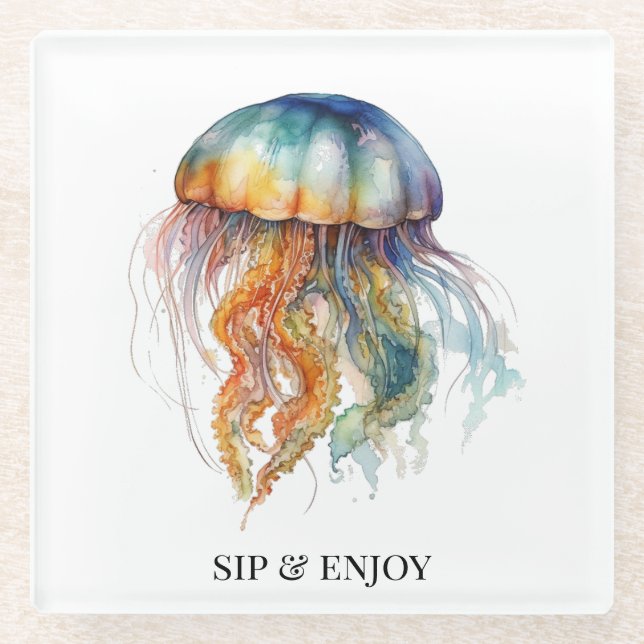Rainbow Tides Jellyfish: Wasserfarben Kunst Glasuntersetzer (Vorderseite)