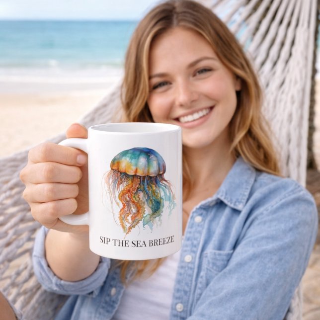 Rainbow Tides Jellyfish: Wasserfarben Kunst Kaffeetasse (Von Creator hochgeladen)