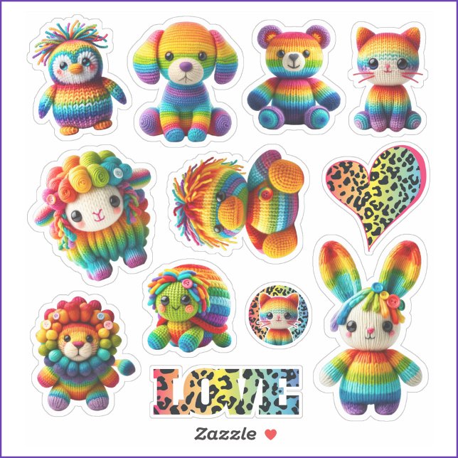 Rainbow-Tiere und Leopard-Druckaufkleber Aufkleber (Cute Rainbow Knitted Animal Stickers are fun for back to school or stocking or basket filler. 8x8")