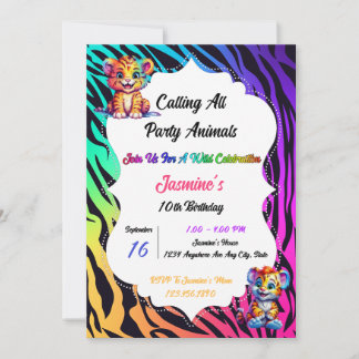 Rainbow Tiger Animal Print Birthday Einladung