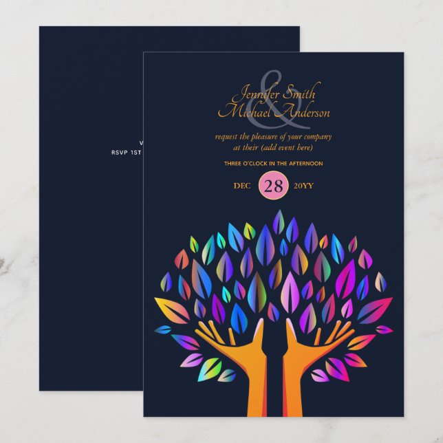 Rainbow Tree of Life COUPLES Event Navy Gold Einladung (Vorne/Hinten)