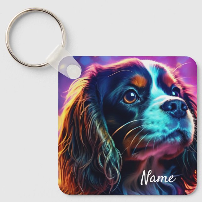 Rainbow Tri Cavalier King Charles Spaniel Dog Schlüsselanhänger (Vorderseite)