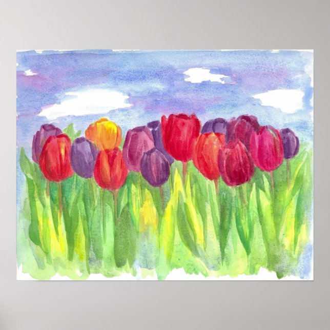 Rainbow Tulip Field Aquarellmalerei Poster (Vorne)