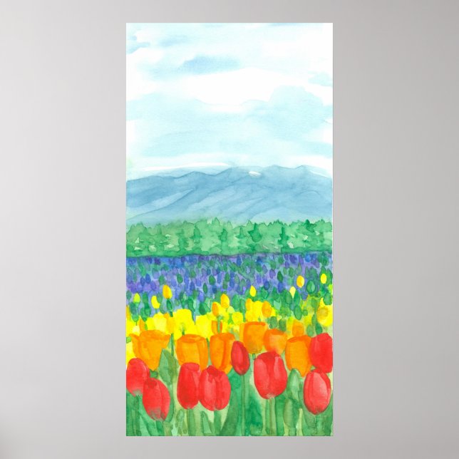 Rainbow Tulip Field Wasserfarbe Blume Poster (Vorne)