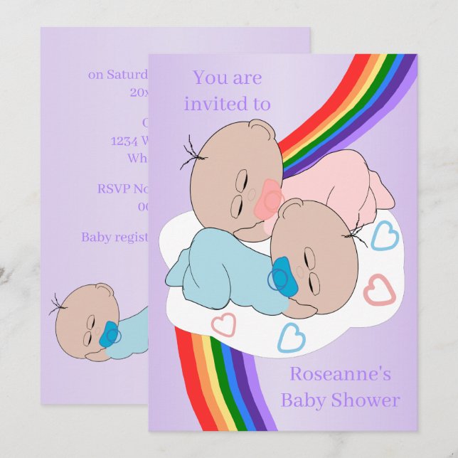 Rainbow Twin Baby Girl and Boy Baby Shooter Einladung (Vorne/Hinten)