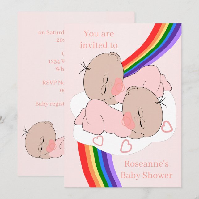 Rainbow Twin Baby Girls Babydusche Einladung (Vorne/Hinten)