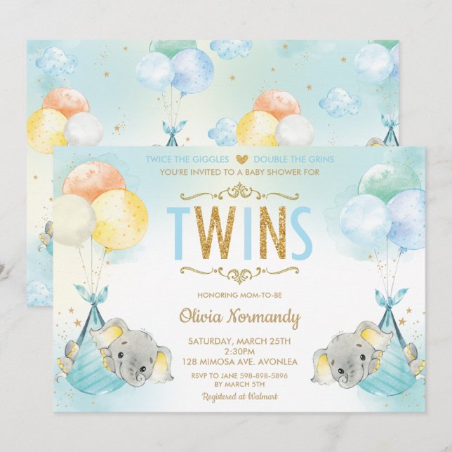 Rainbow Twin Boys Elephant Baby Showküche Einladung (Vorne/Hinten)
