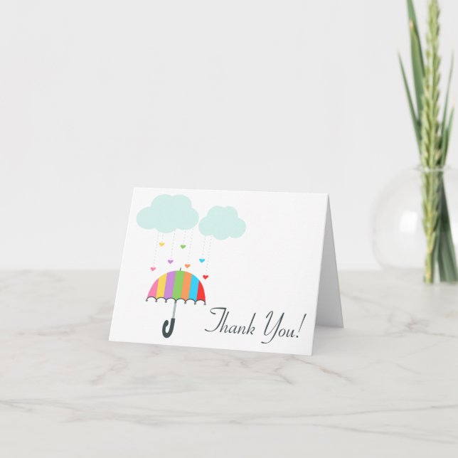 Rainbow Umbrella Neutral Baby Dusche Vielen Dank Dankeskarte (Vorderseite)