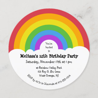 Rainbow und Clouds Round-Party Einladung