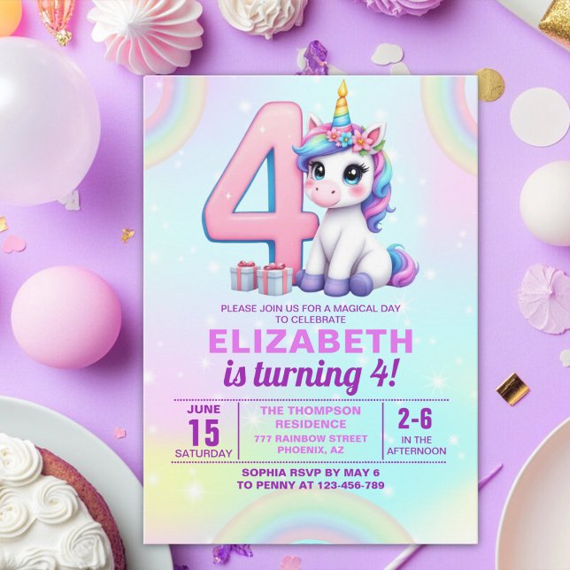 Rainbow Unicorn 4th Birthday for Girls” Einladung (Von Creator hochgeladen)