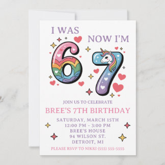 Rainbow Unicorn 67 Themed 7th Birthday Party Einladung