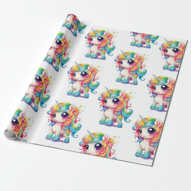 Rainbow Unicorn Anime Cartoon Geschenkpapier (Ungerollt)
