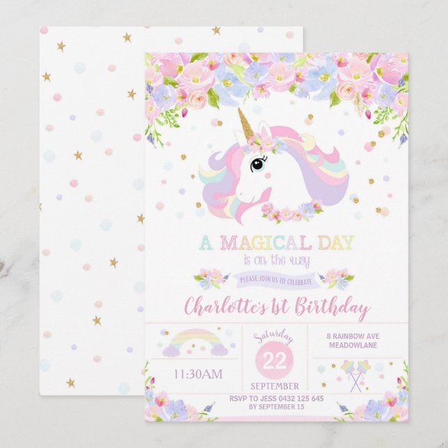 Rainbow Unicorn Anniversaire Invitation Plutôt Flo (Devant / Derrière)