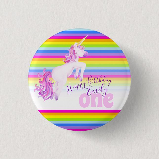 Rainbow Unicorn Aquarellkunst Alter 1 Knopf Button (Vorderseite)
