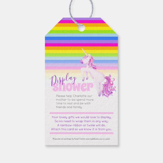 Rainbow unicorn Babydusche mit Geschenkartikeln Geschenkanhänger (Rückseite)