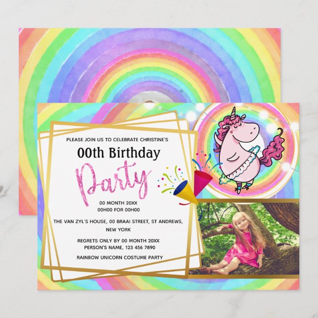 Rainbow unicorn ballerina 2 Foto Mädchen Geburtsta Einladung (Vorne/Hinten)