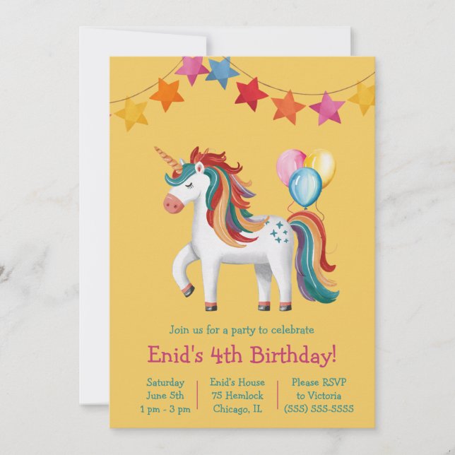Rainbow Unicorn, Balloons & Banner Birthday Party Einladung (Vorderseite)