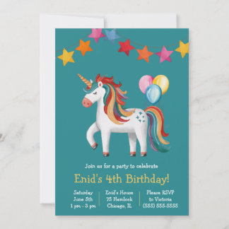 Rainbow Unicorn, Balloons & Banner Birthday Party Einladung
