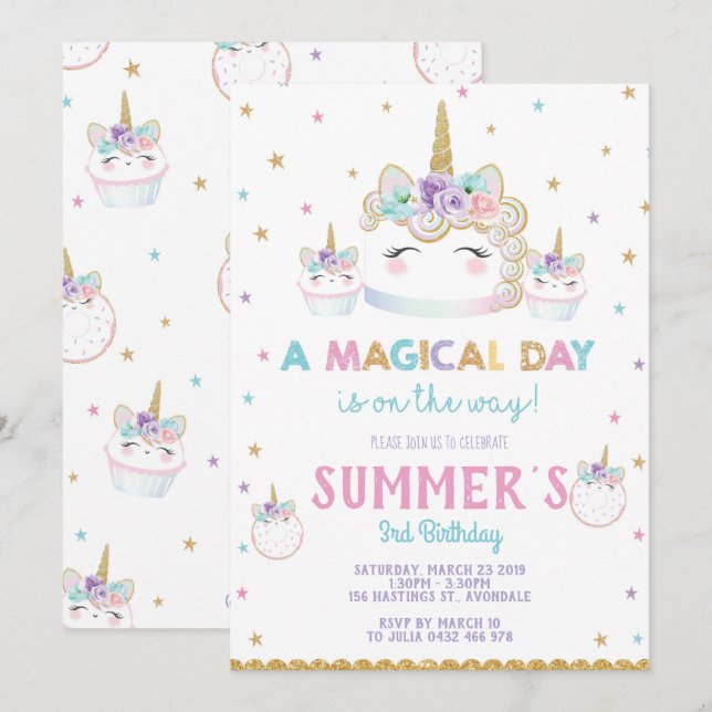 Rainbow Unicorn Birthday Cake Einladung Cupcake (Vorne/Hinten)