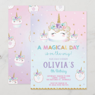Rainbow Unicorn Birthday Cake Invitation Cupcake