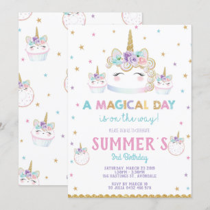 Rainbow Unicorn Birthday Cake Invitation Cupcake