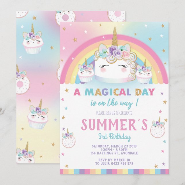 Rainbow Unicorn Birthday Cake Invitation Cupcake Einladung (Vorne/Hinten)