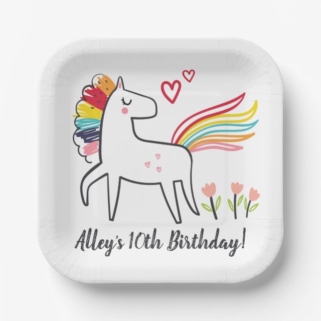 Rainbow Unicorn Birthday Custom Name Stickers Pappteller (Vorderseite)