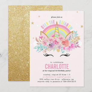 Rainbow Unicorn Birthday Einladung Pink Gold