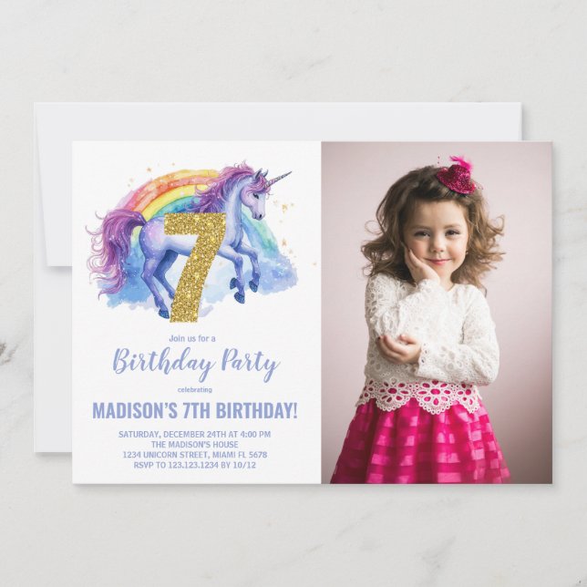 Rainbow Unicorn Birthday Einladungen Foto (Vorderseite)
