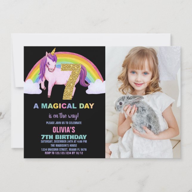 Rainbow Unicorn Birthday Einladungen Foto (Vorderseite)