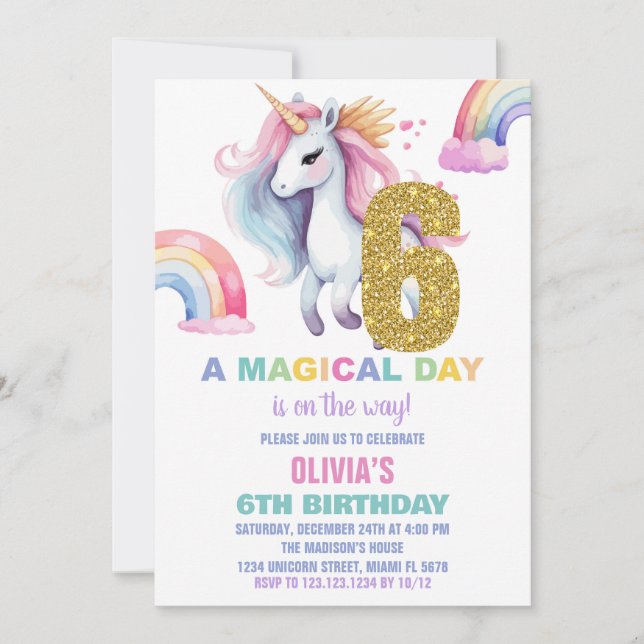 Rainbow Unicorn Birthday Einladungen Glitzer (Vorderseite)