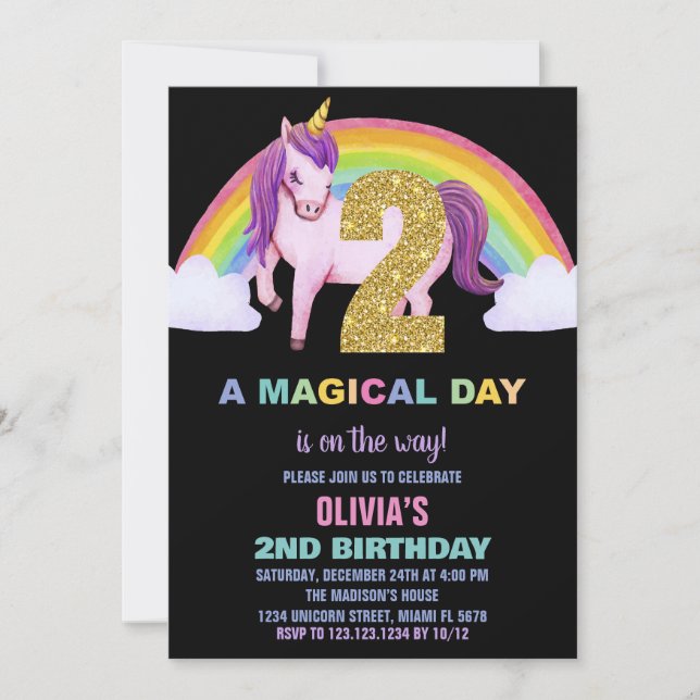 Rainbow Unicorn Birthday Einladungen Glitzer (Vorderseite)