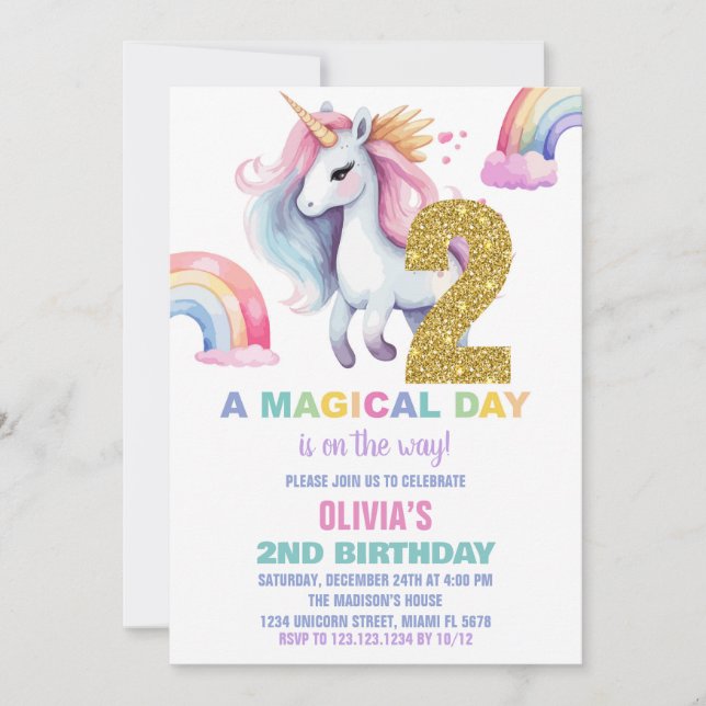 Rainbow Unicorn Birthday Einladungen Glitzer (Vorderseite)
