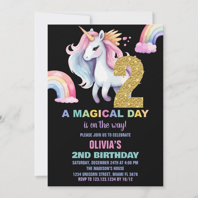 Rainbow Unicorn Birthday Einladungen Wassercolo (Vorderseite)
