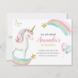 Rainbow Unicorn Birthday Girls Pastel Einladung