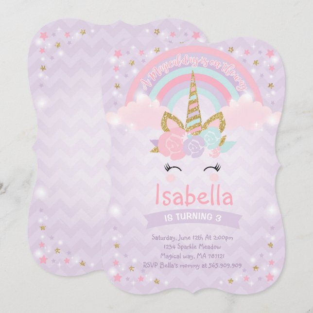 Rainbow Unicorn Birthday Invitation Purple Gold Einladung (Vorne/Hinten)