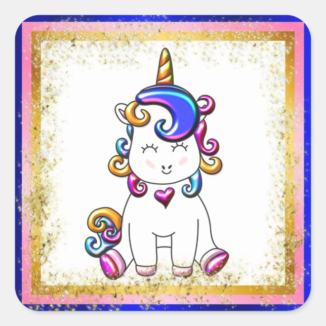 Rainbow Unicorn Blue, Gold Glitzer Quadratischer Aufkleber (Vorderseite)