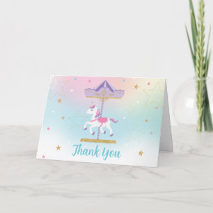 Rainbow Unicorn Carousel 1. Geburtstag Gold gefloc Dankeskarte